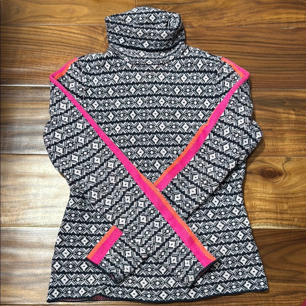 Anthropologie Black and White Patterned Cowl Neck Sweater with Pink Trim
